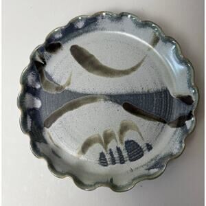 Signed Art Pottery Pie Plate Beautiful Green Gray and Blue Swirl Design Glaze